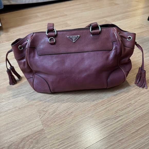 PRADA Oxblood Enameled Metal Triangle Tote Tassels Black Lined Purse - Picture 1 of 12